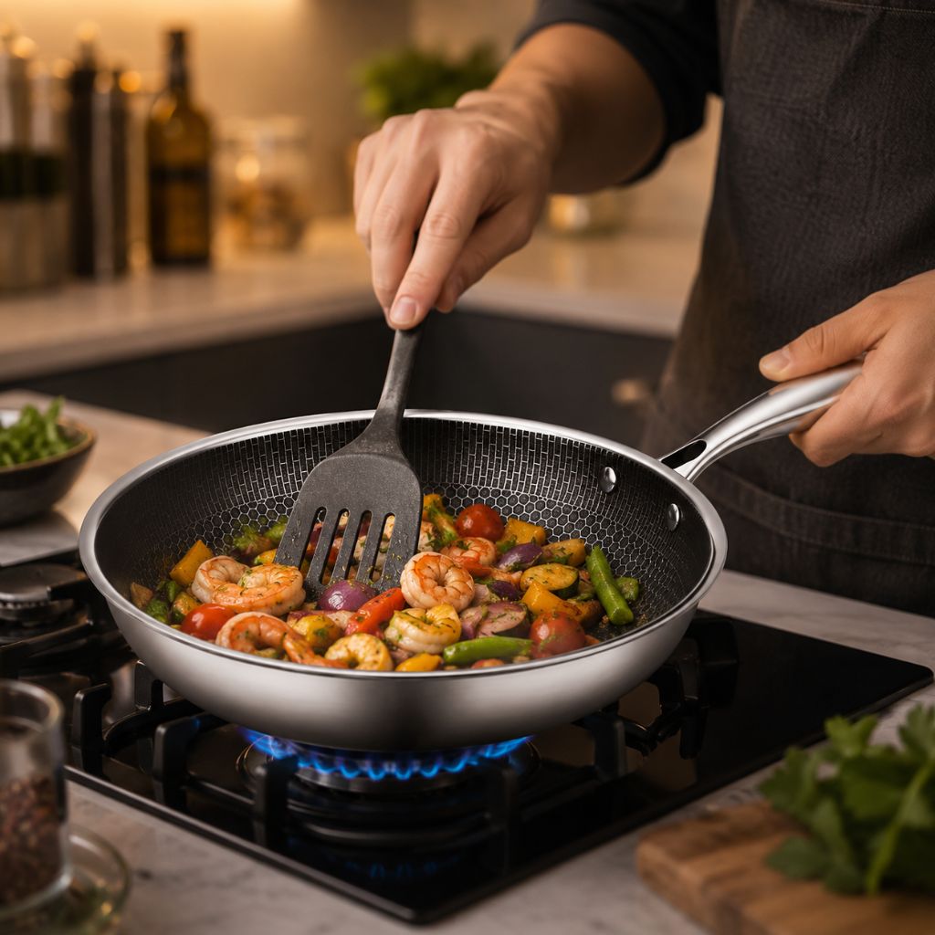 Poêle antiadhésive en acier inoxydable de 30 cm avec motif nid d’abeille, compatible induction, lavable au lave-vaisselle et dotée d’une poignée ergonomique pour la cuisine | Sansoti