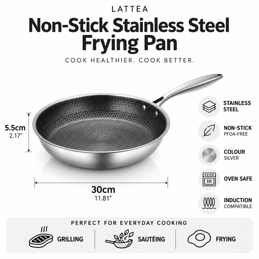 Poêle antiadhésive en acier inoxydable de 30 cm avec motif nid d’abeille, compatible induction, lavable au lave-vaisselle et dotée d’une poignée ergonomique pour la cuisine | Sansoti