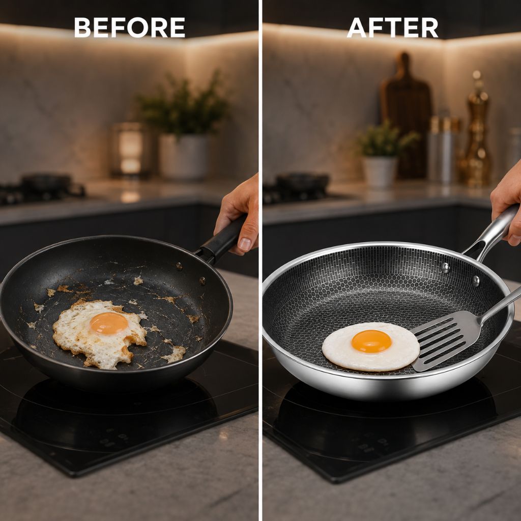 Poêle antiadhésive en acier inoxydable de 30 cm avec motif nid d’abeille, compatible induction, lavable au lave-vaisselle et dotée d’une poignée ergonomique pour la cuisine | Sansoti