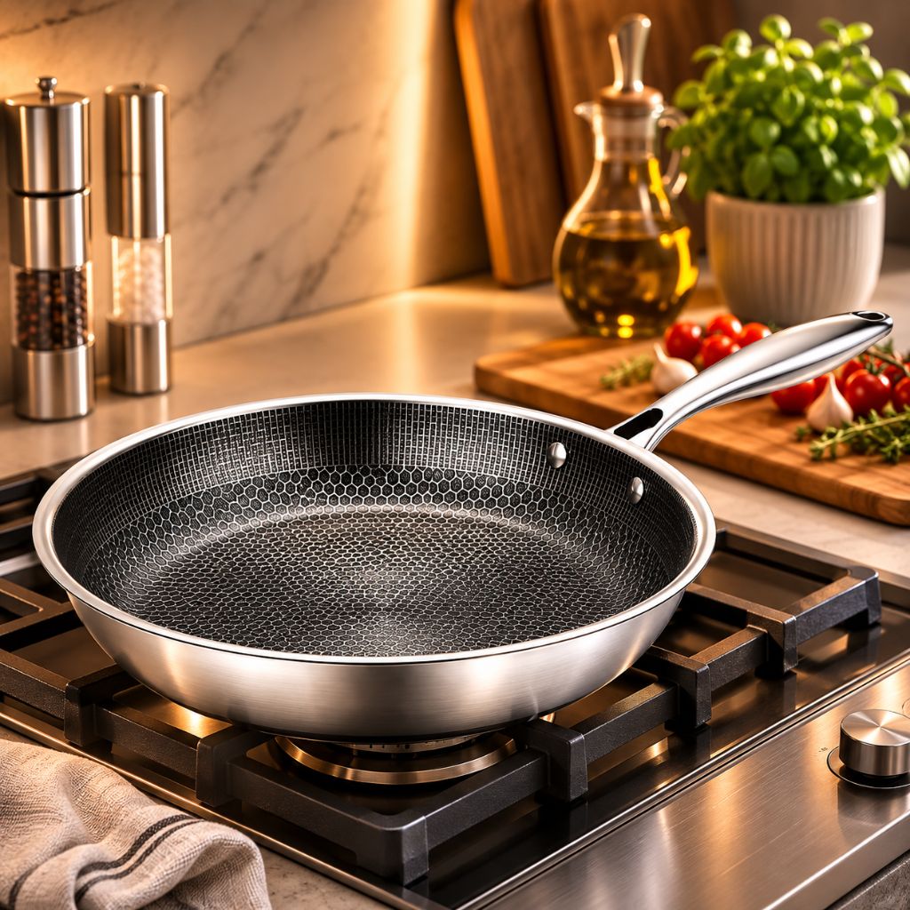 Poêle antiadhésive en acier inoxydable de 30 cm avec motif nid d’abeille, compatible induction, lavable au lave-vaisselle et dotée d’une poignée ergonomique pour la cuisine | Sansoti