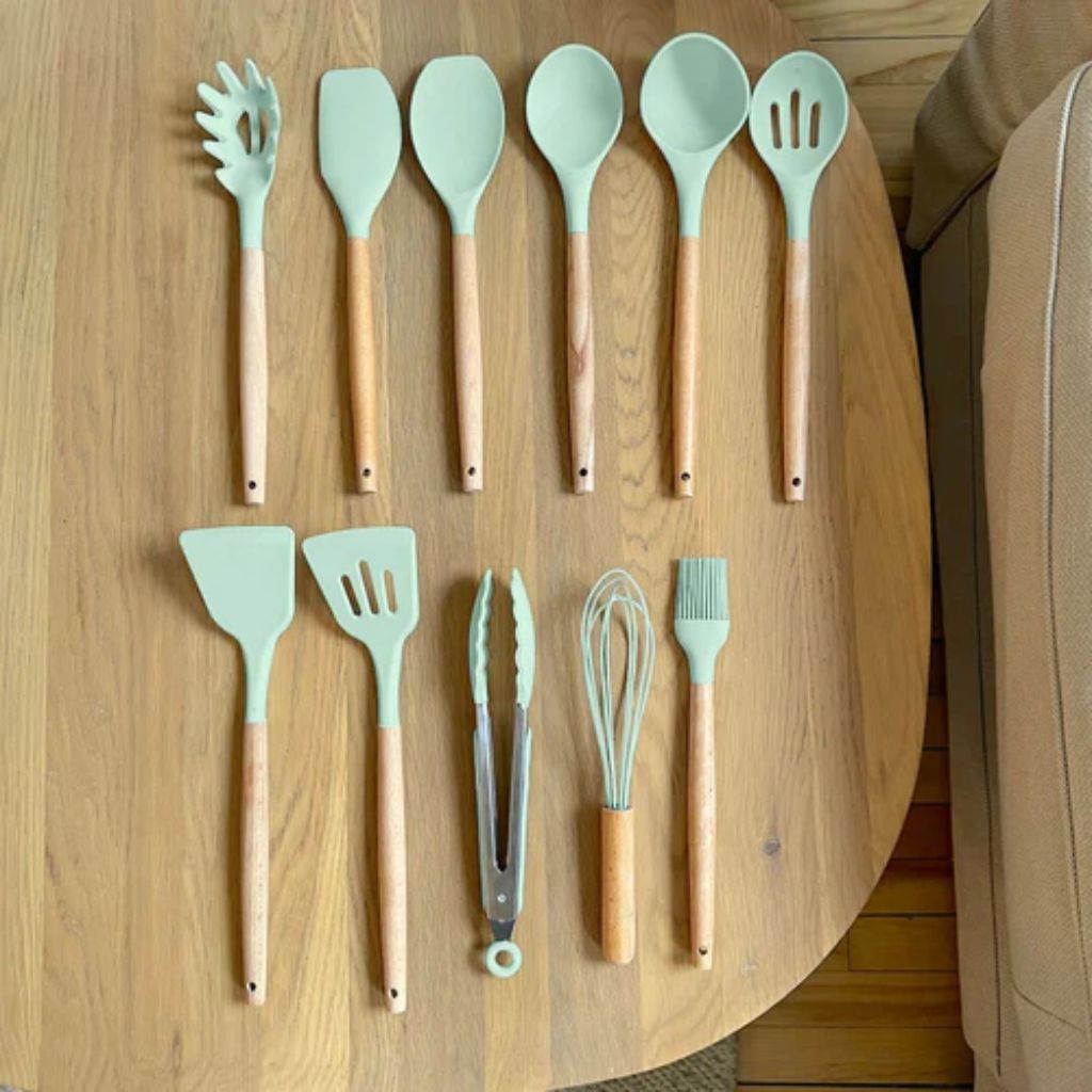 Silikon-Küchenutensilien-Set 11-teilig Holzgriffe Hitzebeständig bis 230 °C BPA-frei Kochlöffel Pfannenwender Küche | Sansoti