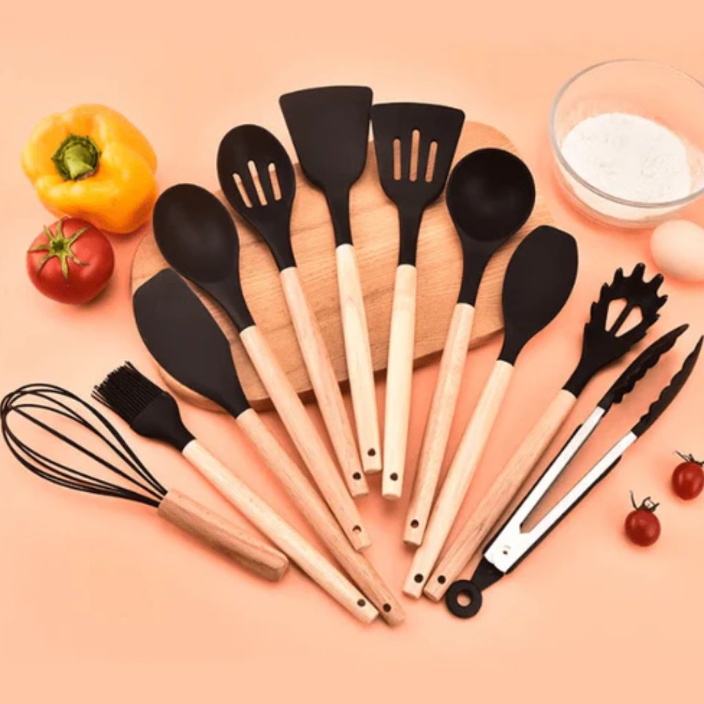 Silikon-Küchenutensilien-Set 11-teilig Holzgriffe Hitzebeständig bis 230 °C BPA-frei Kochlöffel Pfannenwender Küche | Sansoti