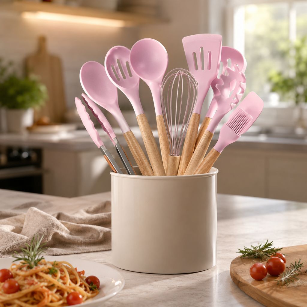 Silikon-Küchenutensilien-Set 11-teilig Holzgriffe Hitzebeständig bis 230 °C BPA-frei Kochlöffel Pfannenwender Küche | Sansoti
