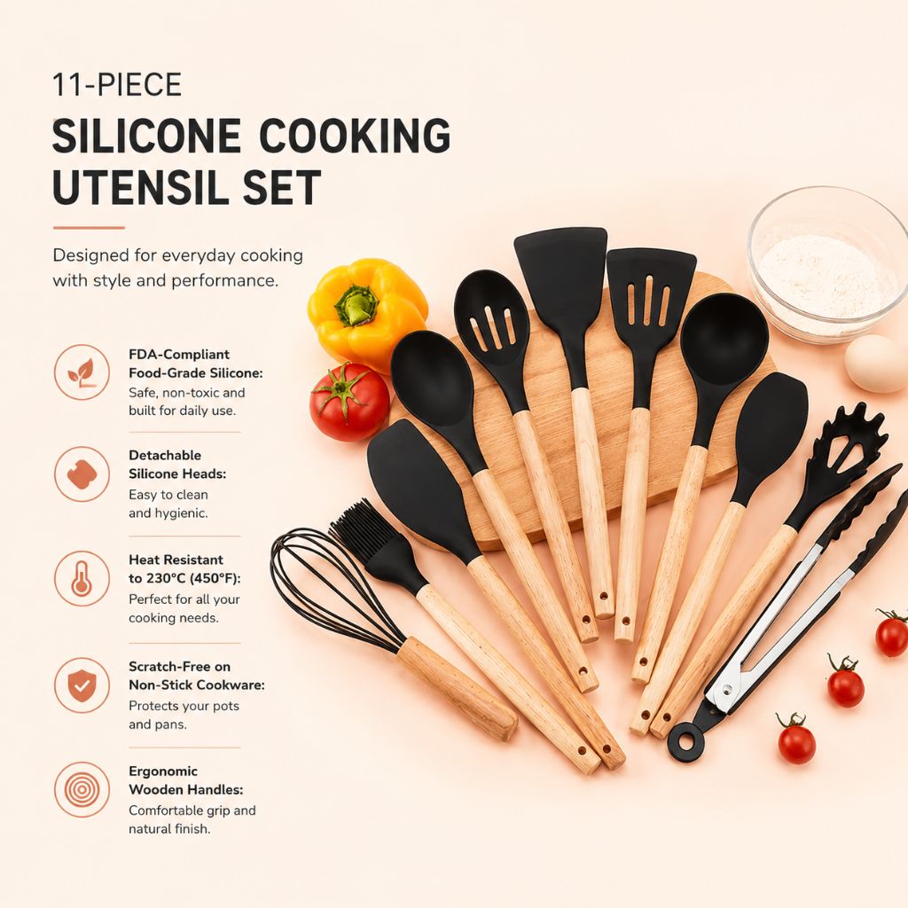Silikon-Küchenutensilien-Set 11-teilig Holzgriffe Hitzebeständig bis 230 °C BPA-frei Kochlöffel Pfannenwender Küche | Sansoti