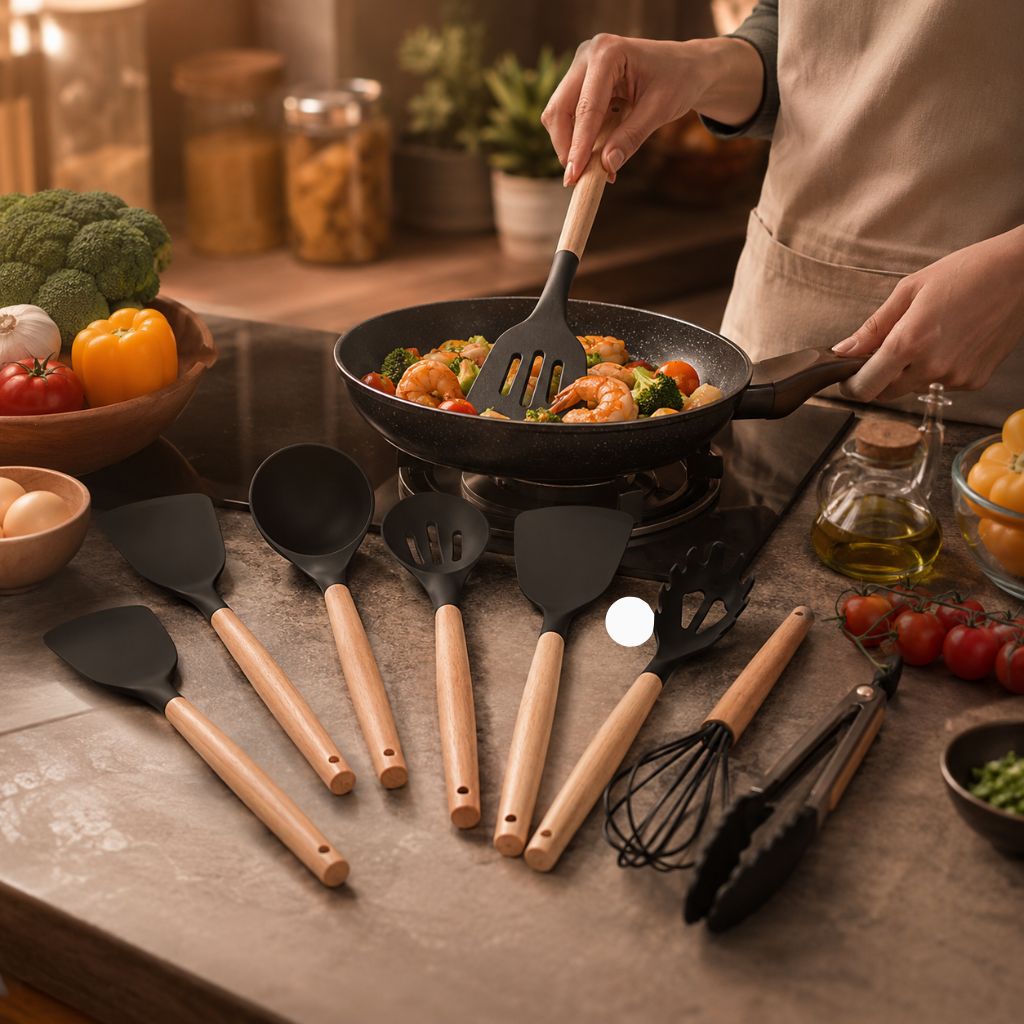 Silikon-Küchenutensilien-Set 11-teilig Holzgriffe Hitzebeständig bis 230 °C BPA-frei Kochlöffel Pfannenwender Küche | Sansoti