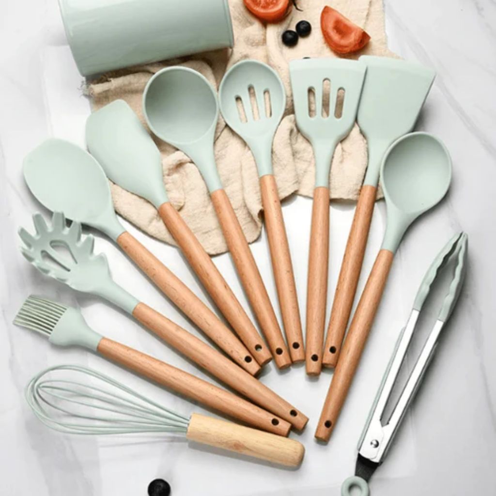 Silikon-Küchenutensilien-Set 11-teilig Holzgriffe Hitzebeständig bis 230 °C BPA-frei Kochlöffel Pfannenwender Küche | Sansoti