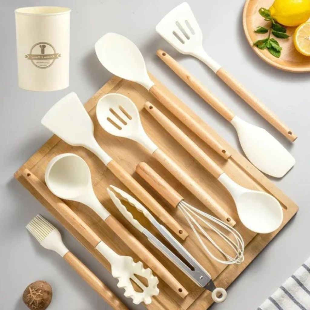 Silikon-Küchenutensilien-Set 11-teilig Holzgriffe Hitzebeständig bis 230 °C BPA-frei Kochlöffel Pfannenwender Küche | Sansoti