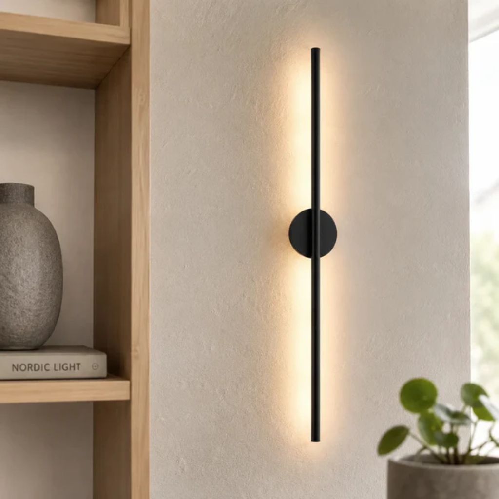 Liniowa lampa ścienna LED, czarna, z matowego aluminium, smukły nowoczesny design, nastrojowe oświetlenie do sypialni, salonu i przedpokoju | Sansoti