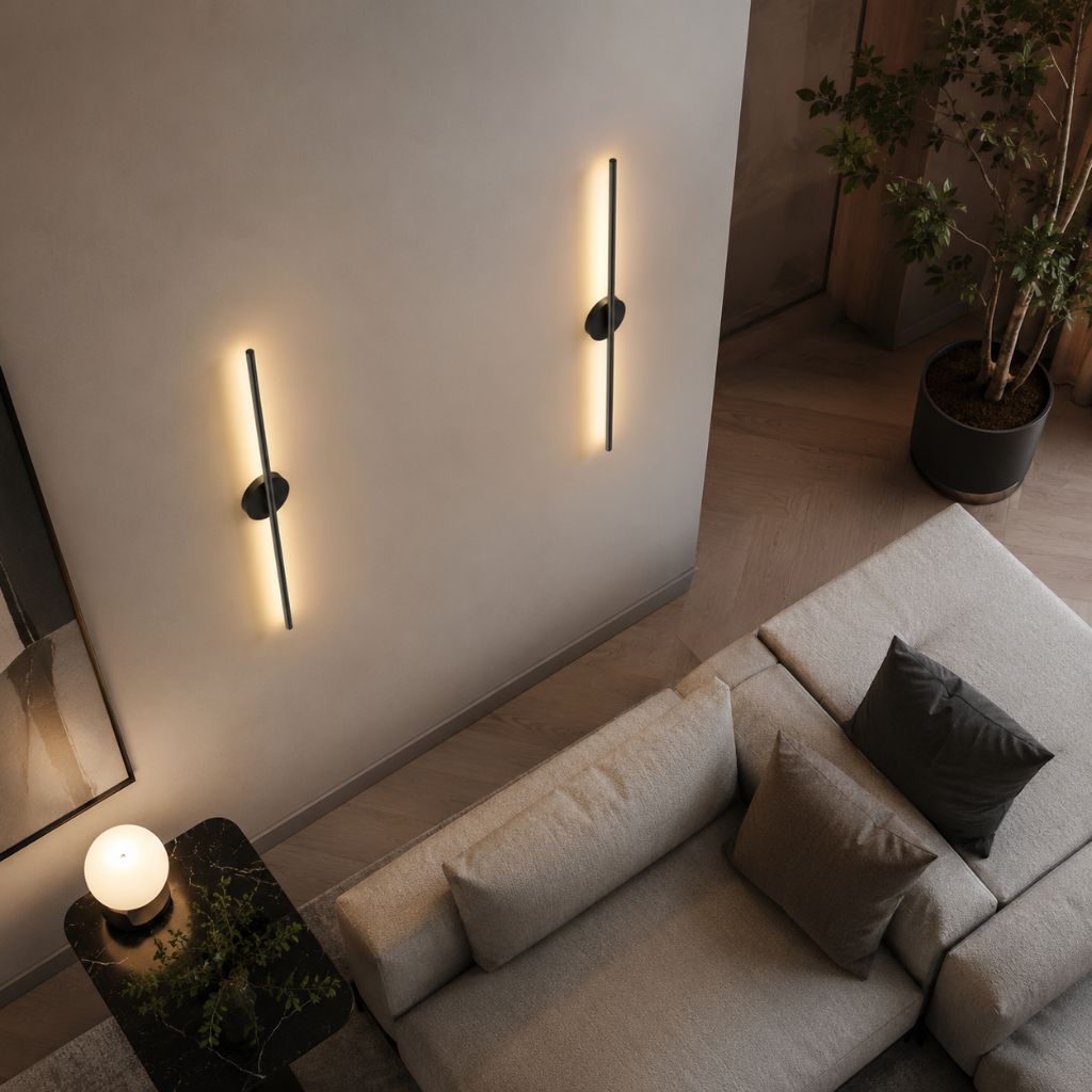 Liniowa lampa ścienna LED, czarna, z matowego aluminium, smukły nowoczesny design, nastrojowe oświetlenie do sypialni, salonu i przedpokoju | Sansoti
