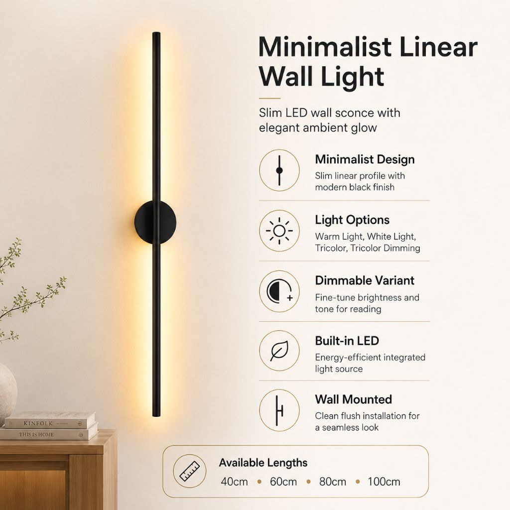 Liniowa lampa ścienna LED, czarna, z matowego aluminium, smukły nowoczesny design, nastrojowe oświetlenie do sypialni, salonu i przedpokoju | Sansoti