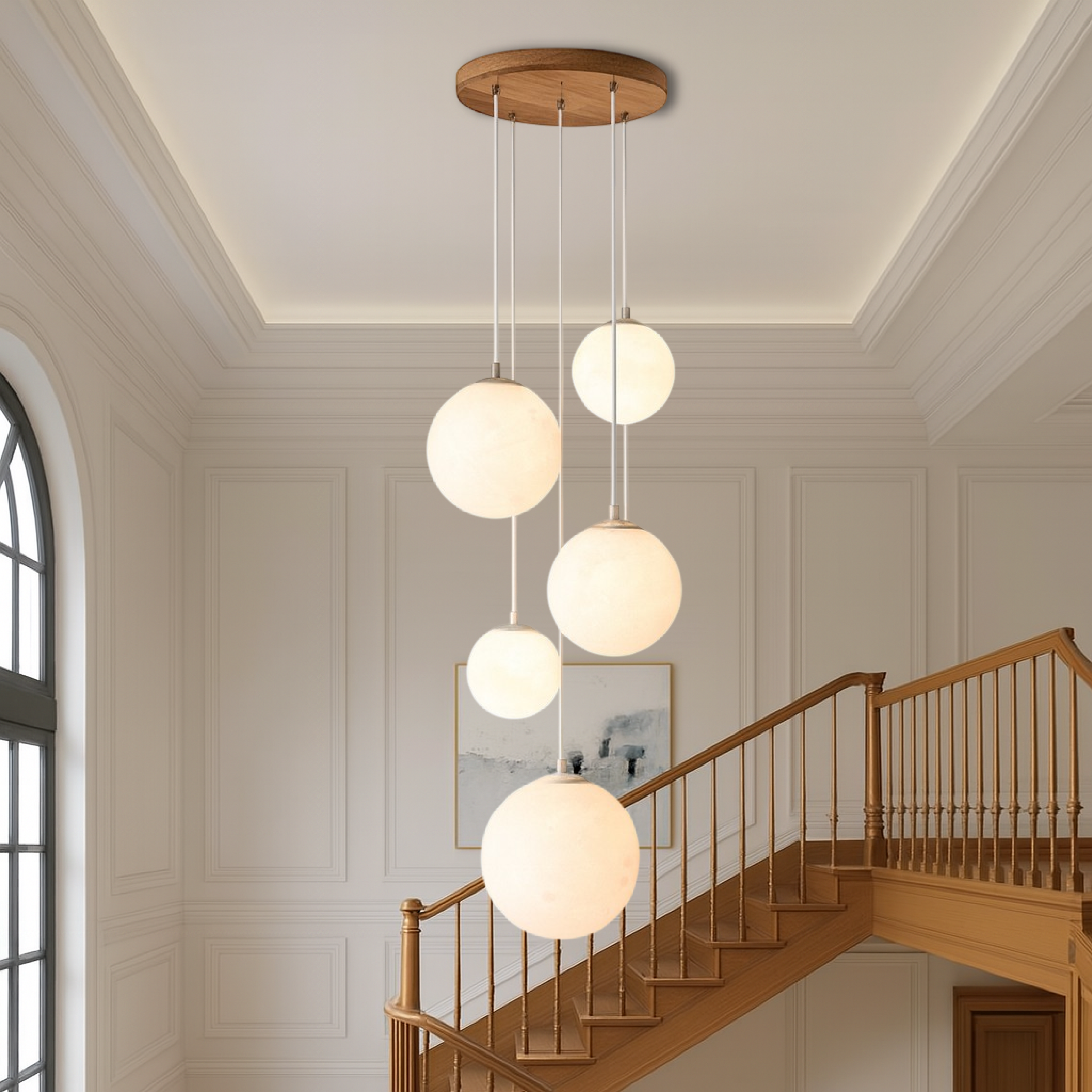 Suspension lune pour cage d’escalier 5 globes en verre E27 LED réglable Design moderne scandinave pour plafond haut | Sansoti