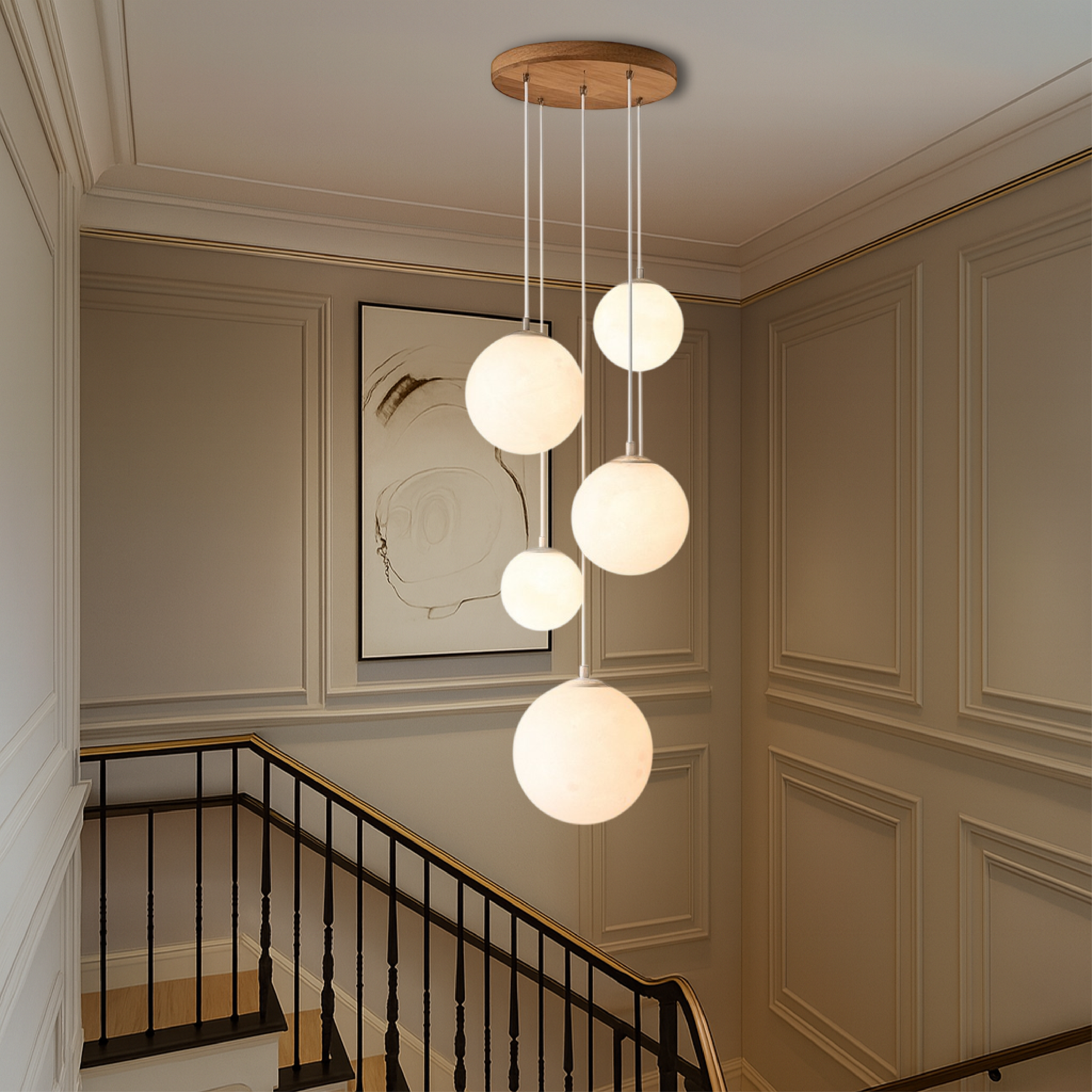 Suspension lune pour cage d’escalier 5 globes en verre E27 LED réglable Design moderne scandinave pour plafond haut | Sansoti