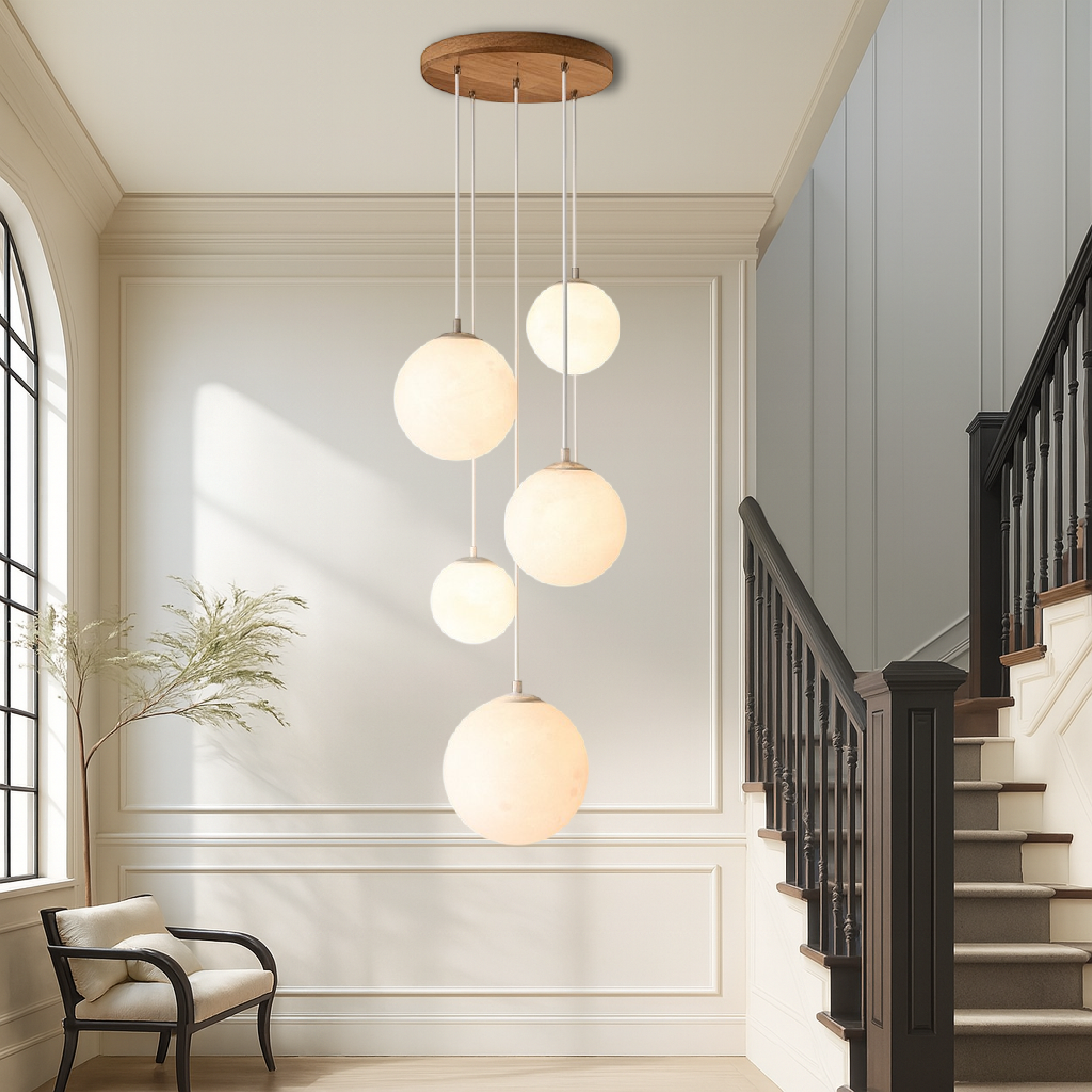 Suspension lune pour cage d’escalier 5 globes en verre E27 LED réglable Design moderne scandinave pour plafond haut | Sansoti