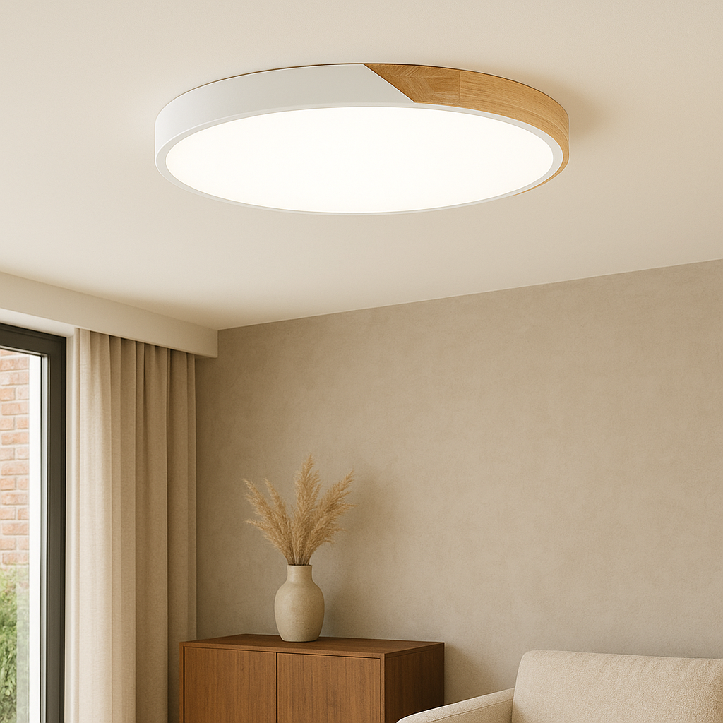 Plafonnier rond en bois avec éclairage LED pour salon, chambre, hall, design scandinave, dimmable | Sansoti