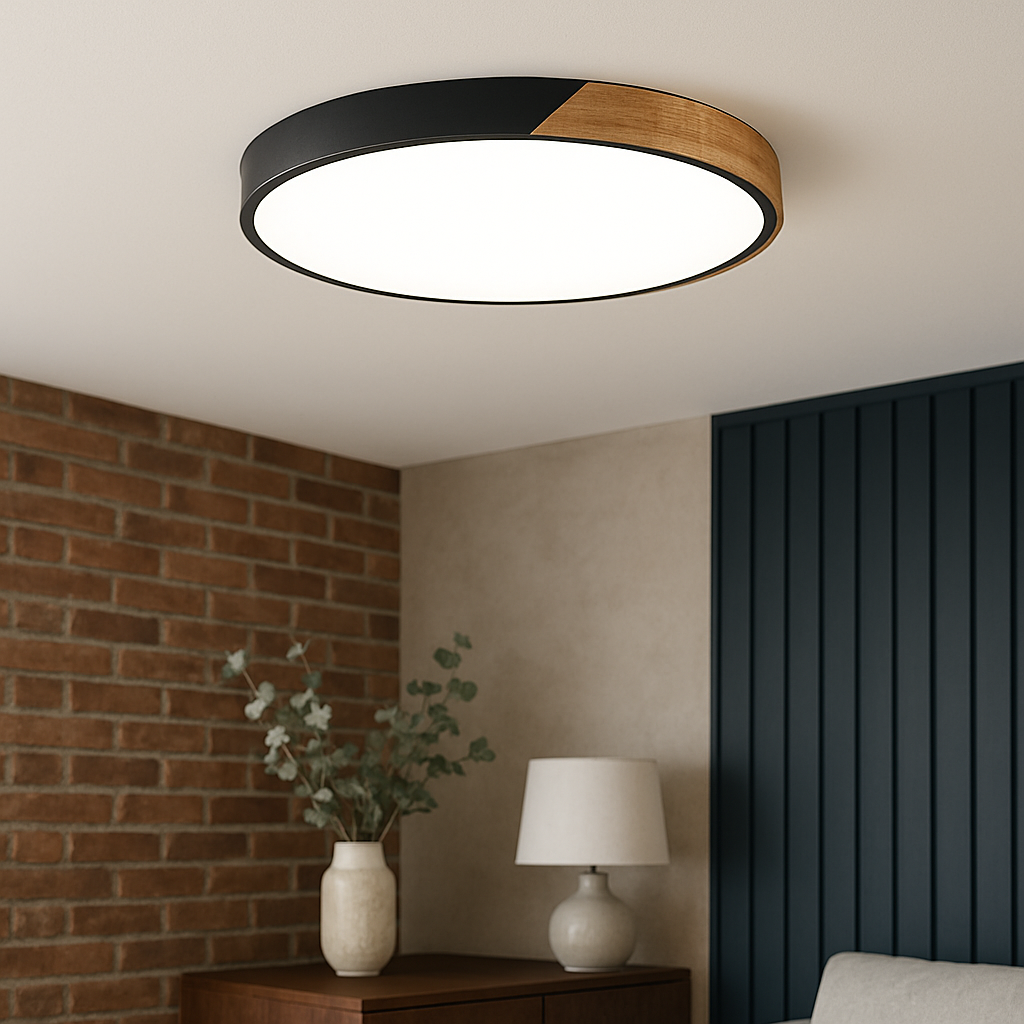 Plafonnier rond en bois avec éclairage LED pour salon, chambre, hall, design scandinave, dimmable | Sansoti