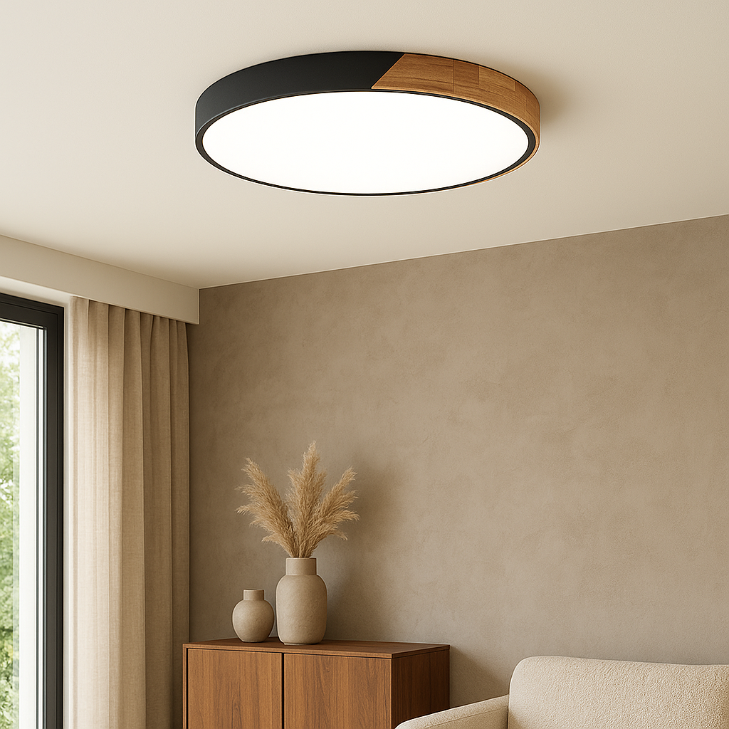 Plafonnier rond en bois avec éclairage LED pour salon, chambre, hall, design scandinave, dimmable | Sansoti