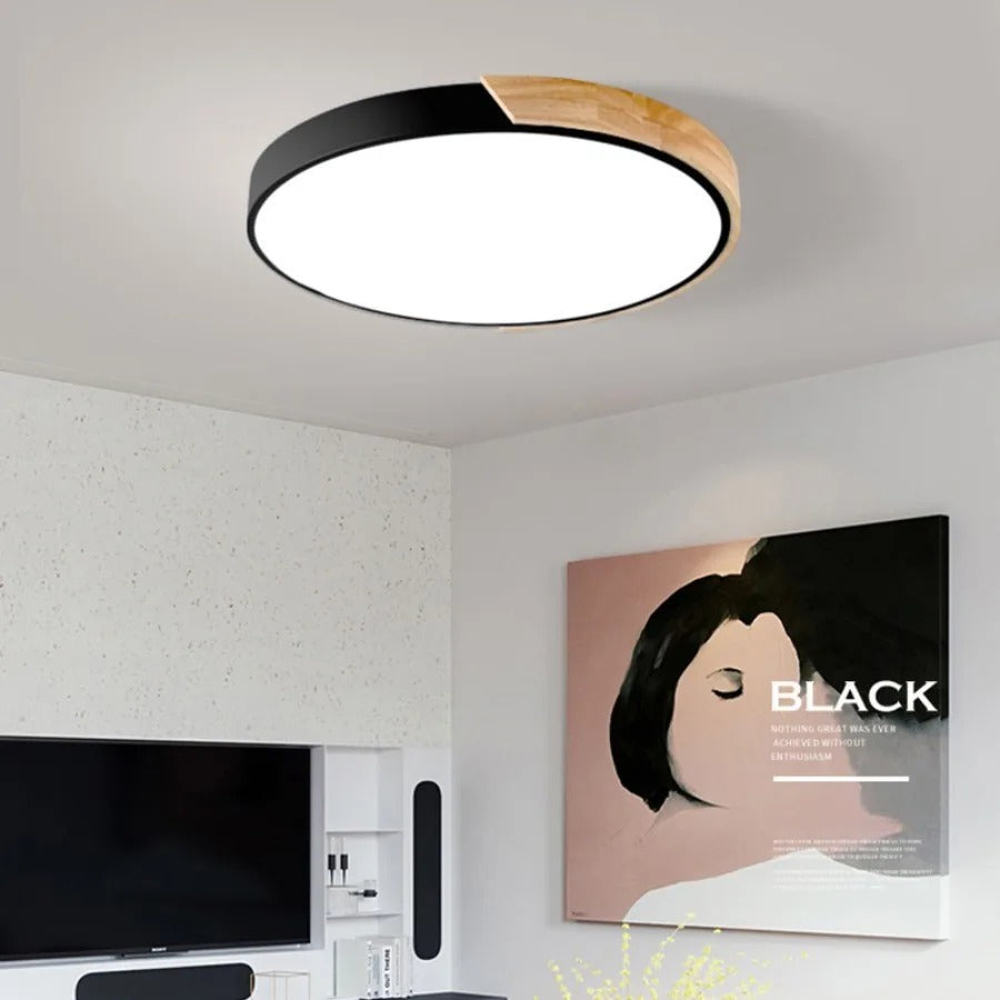 Scandinavian Ceiling Lamp with Wood Accent Macaron Shape Modern Ambient Lighting Living Room Bedroom | Sansoti