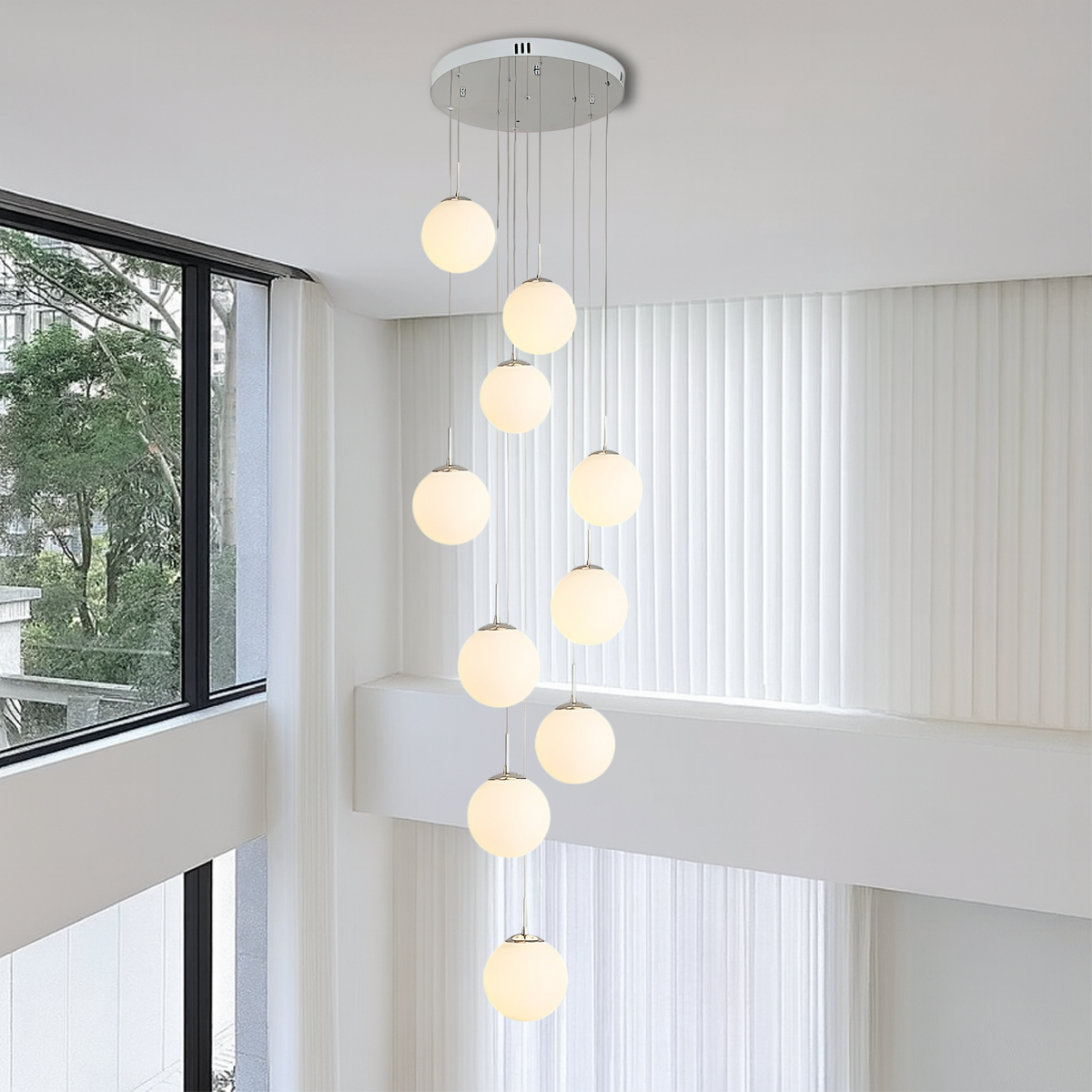 Lustre en cascade avec boules en verre réglable pour grands espaces design scandinave salon salle à manger | Sansoti