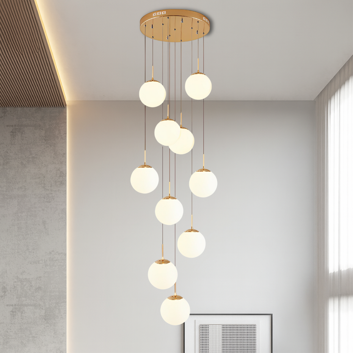 Lustre en cascade avec boules en verre réglable pour grands espaces design scandinave salon salle à manger | Sansoti