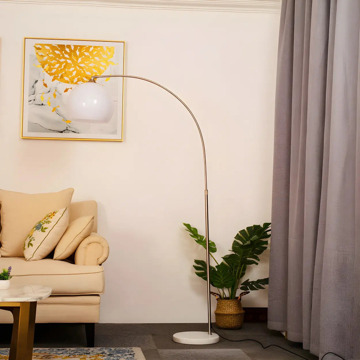 Lampadaire moderne en arc avec abat-jour en dôme acrylique et structure métallique de 220 cm de haut pour salon et coin lecture | Restfield