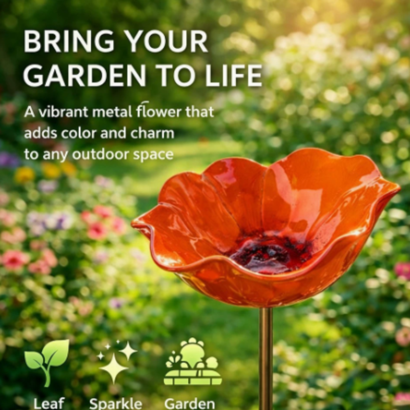 Metal Birdbath Garden Stake with Flower Design Drinking Bowl for Pollinators Weather-Resistant Garden Decoration | Sansoti