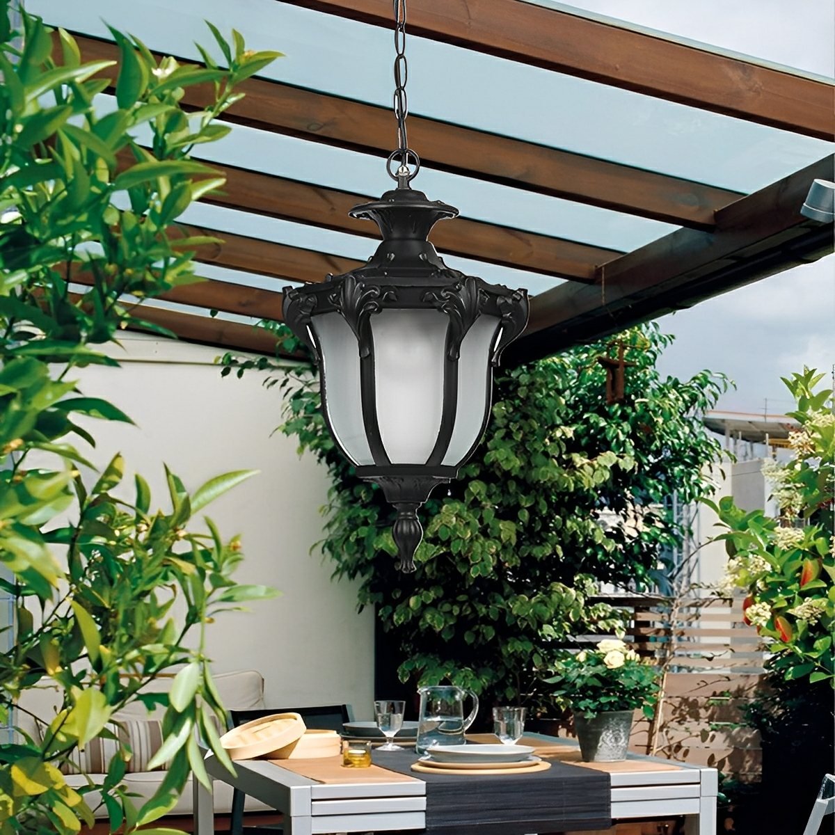 Suspension LED étanche pour extérieur, verre vintage et aluminium, IP65, lampe de jardin, éclairage de terrasse et de balcon | Sansoti