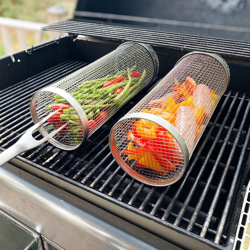 Panier de gril BBQ rotatif en acier inoxydable, rotation à 360°, pour légumes, viande et poisson, accessoire de barbecue pour la cuisson en plein air | Sansoti