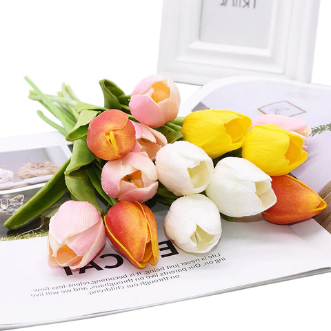 Künstliche Tulpen Set mit 10 Stück PU-Blumen Dekoration Wohnzimmer Vasenarrangement Natürliches Interieur-Styling Blumenstrauß | Sansoti