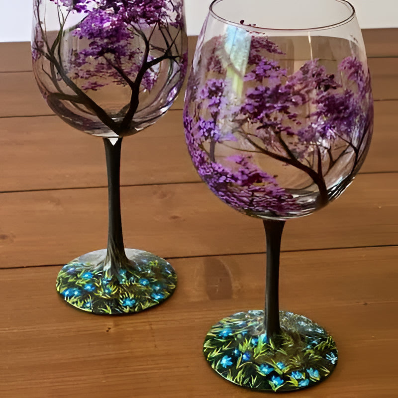 Verres à vin peints à la main, motif arbre des quatre saisons, 350 ml, verres artistiques avec pied ou sans pied | Sansoti