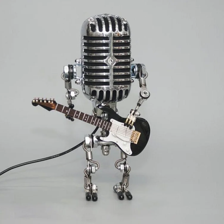 Metalowa lampa-robot z mikrofonem i gitarą, vintage, lampa stołowa, czarna, biała, czerwona, żółta, regulowana, designerska dla muzyków | Sansoti