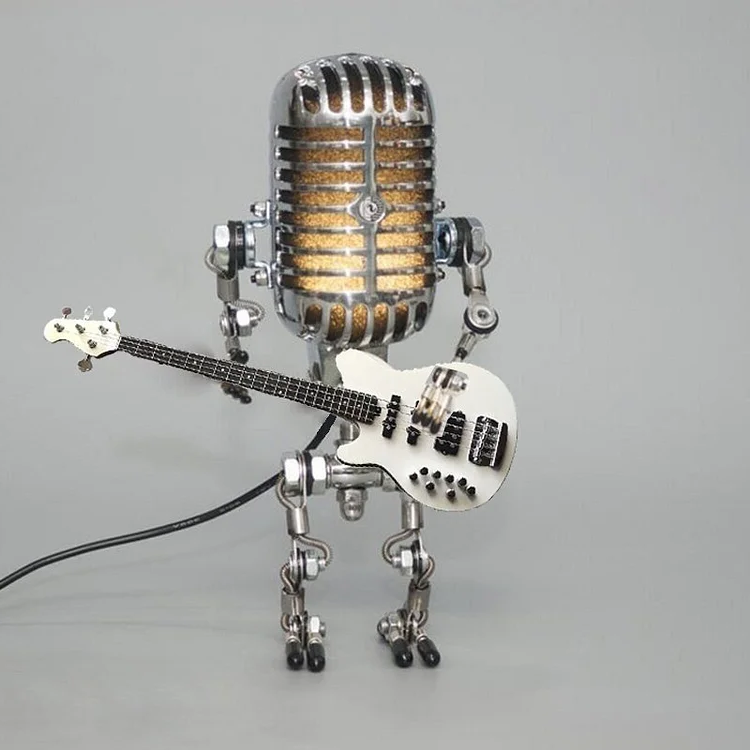 Metalowa lampa-robot z mikrofonem i gitarą, vintage, lampa stołowa, czarna, biała, czerwona, żółta, regulowana, designerska dla muzyków | Sansoti