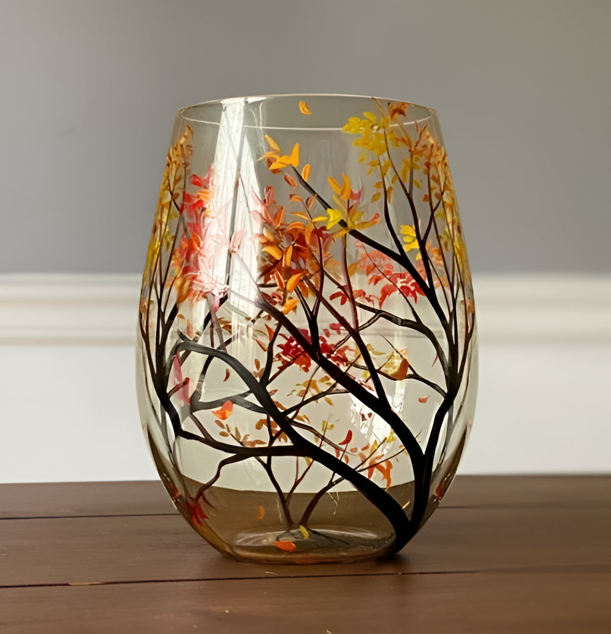 Verres à vin peints à la main, motif arbre des quatre saisons, 350 ml, verres artistiques avec pied ou sans pied | Sansoti