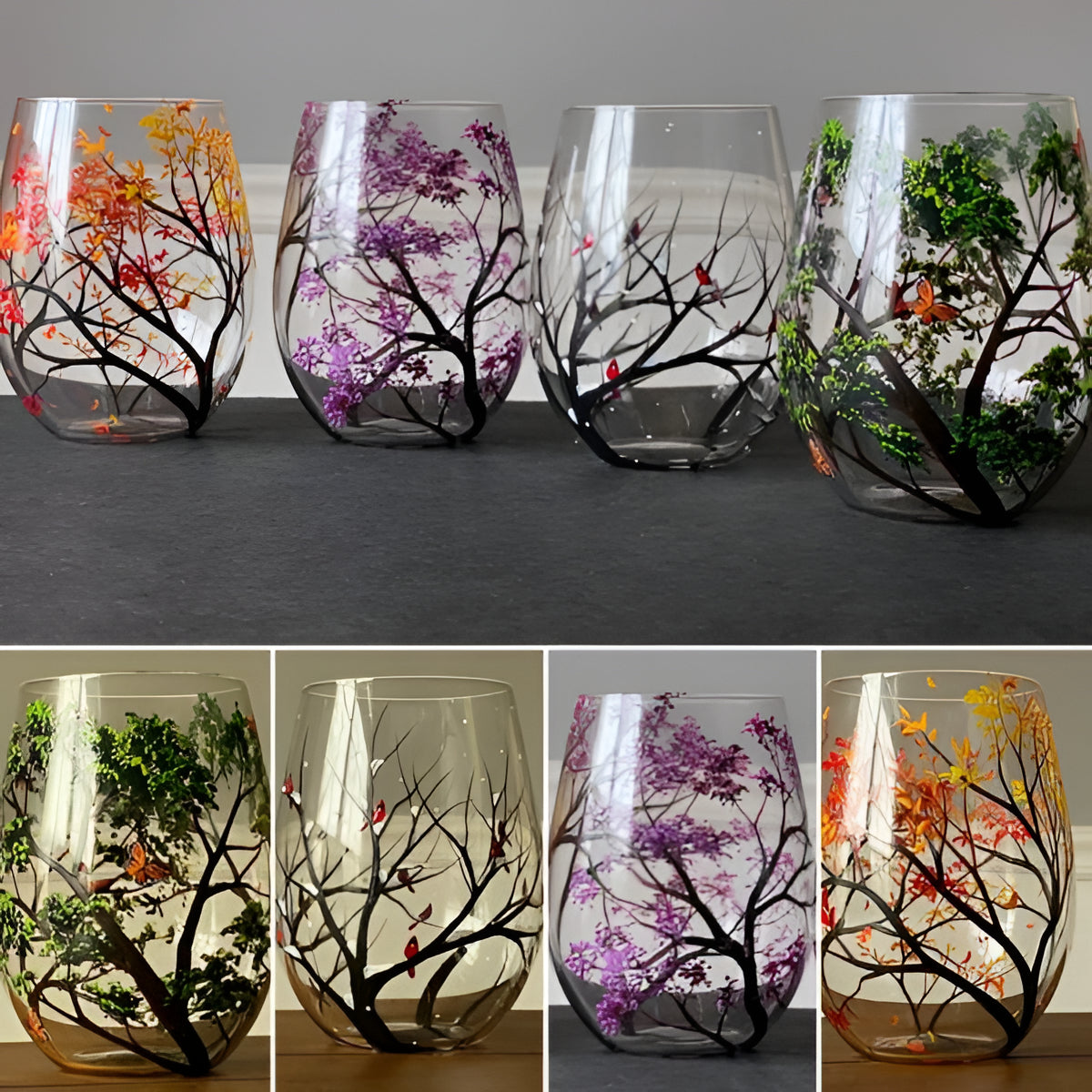 Verres à vin peints à la main, motif arbre des quatre saisons, 350 ml, verres artistiques avec pied ou sans pied | Sansoti