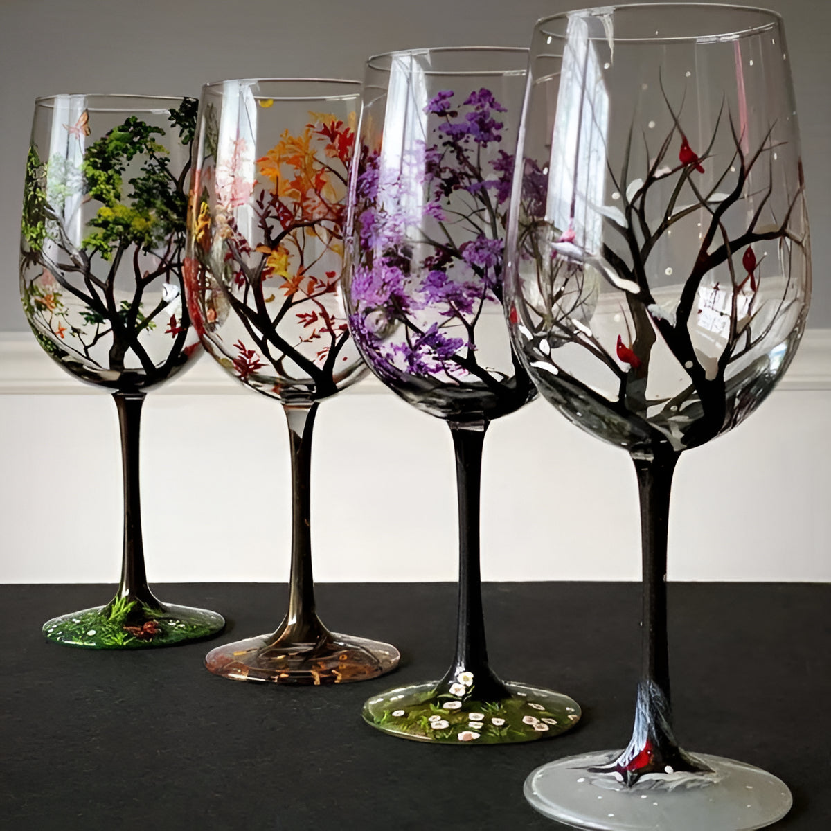 Verres à vin peints à la main, motif arbre des quatre saisons, 350 ml, verres artistiques avec pied ou sans pied | Sansoti