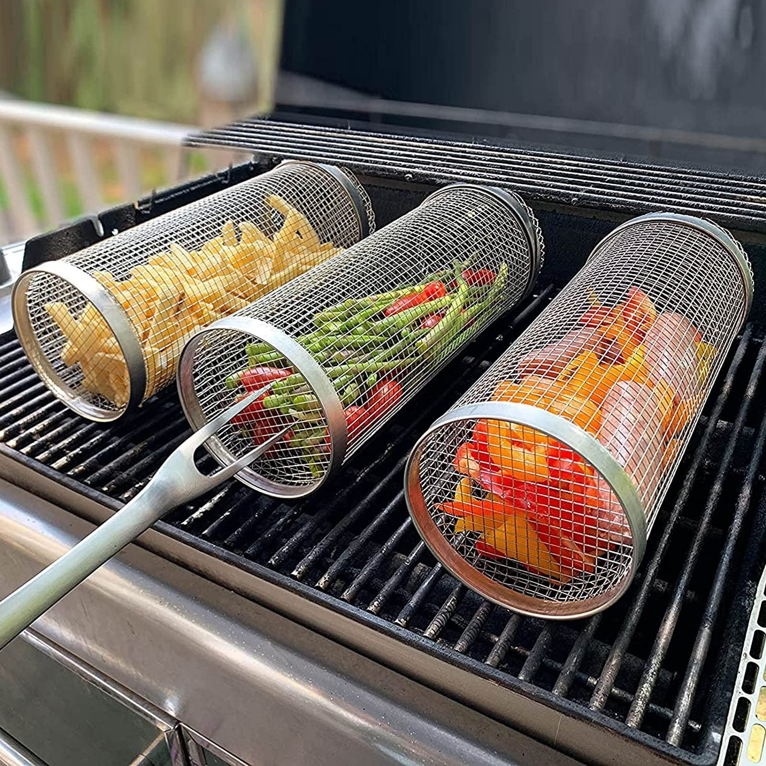 Panier de gril BBQ rotatif en acier inoxydable, rotation à 360°, pour légumes, viande et poisson, accessoire de barbecue pour la cuisson en plein air | Sansoti