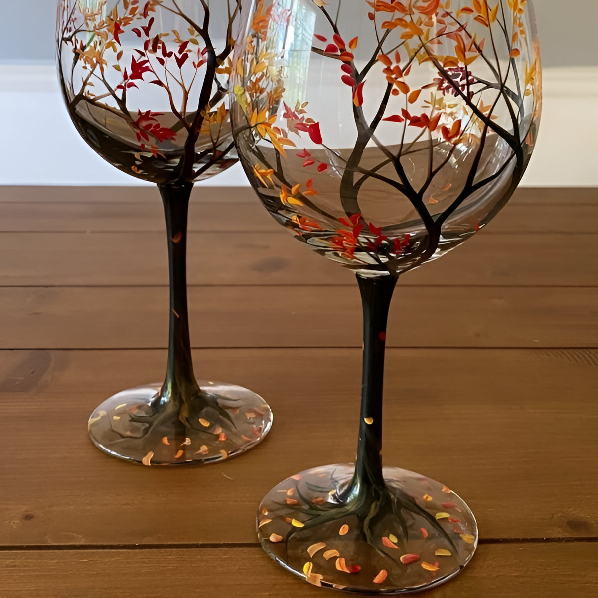Verres à vin peints à la main, motif arbre des quatre saisons, 350 ml, verres artistiques avec pied ou sans pied | Sansoti