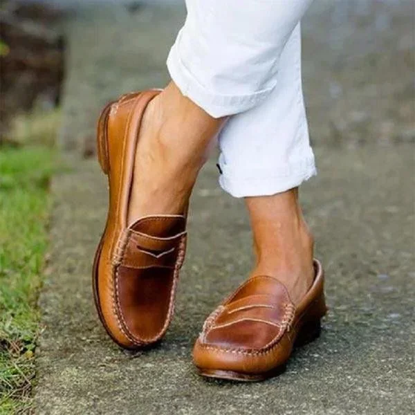 Mocassins pour femmes en cuir à talon bas, chaussures à enfiler rétro, confortables, vintage, décontractées, élégantes et quotidiennes | Sansoti