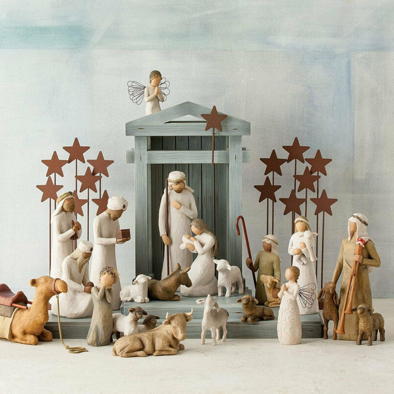 20-teiliges Weihnachtskrippen-Set aus handgefertigtem Holz mit Figuren von Maria, Josef, Hirten und Tieren als Weihnachtsdekoration für das Wohnzimmer | Sansoti