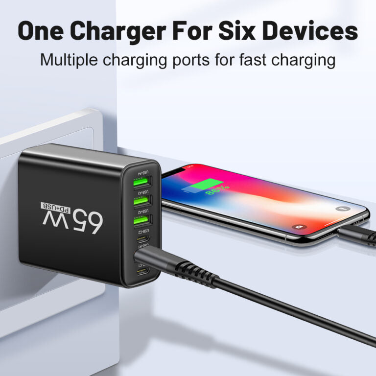 Universele USB Oplader 65W 6 Poorten Zwart Wit Geel Multidevice voor Kantoor Thuis Reis | Sansoti