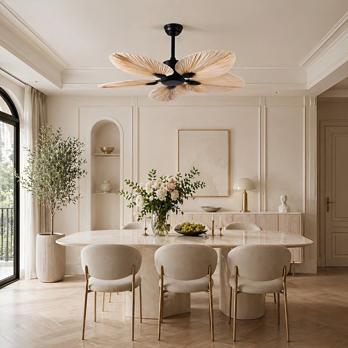 Ceiling Fan Palm Leaf Design Quiet DC Motor Remote Control Natural Airflow Tropical | Sansoti