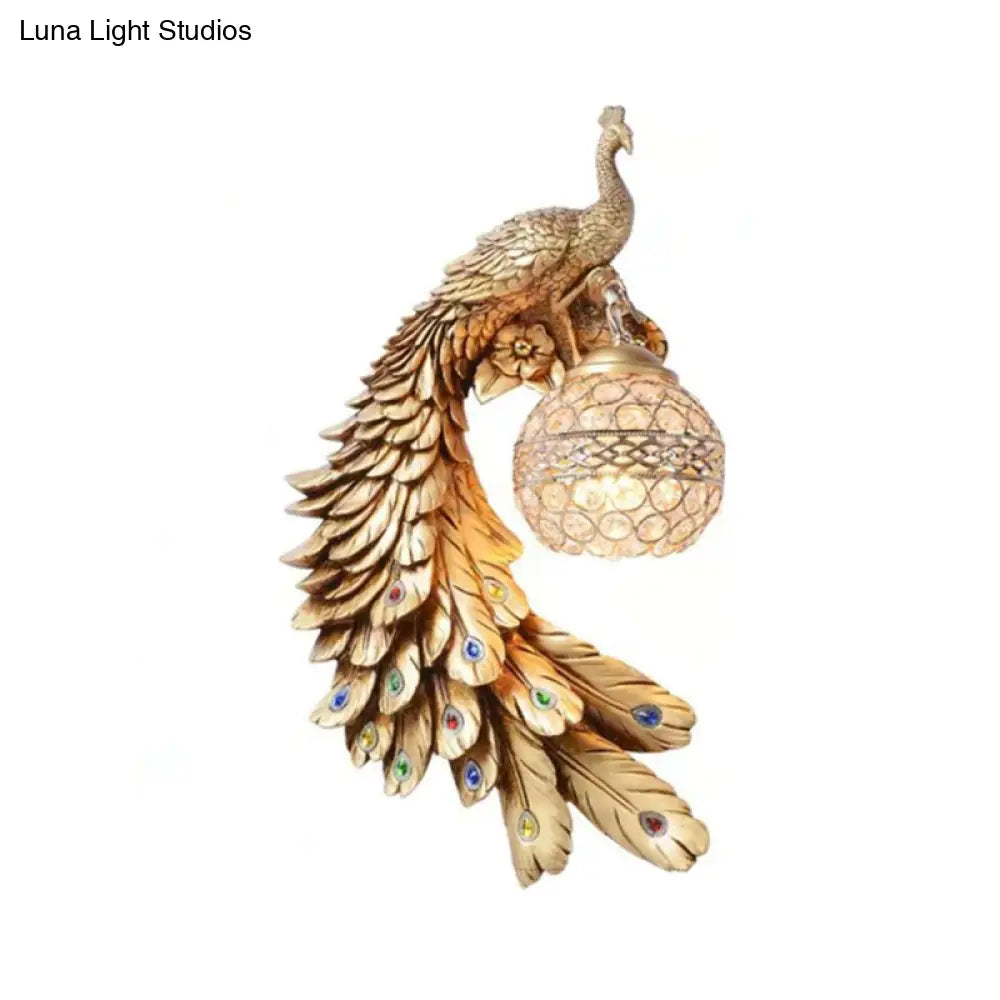 Applique murale paon avec boule en verre cristal, 46 cm, résine élégante, éclairage mural intérieur gauche ou droit, pour salon et chambre | Sansoti