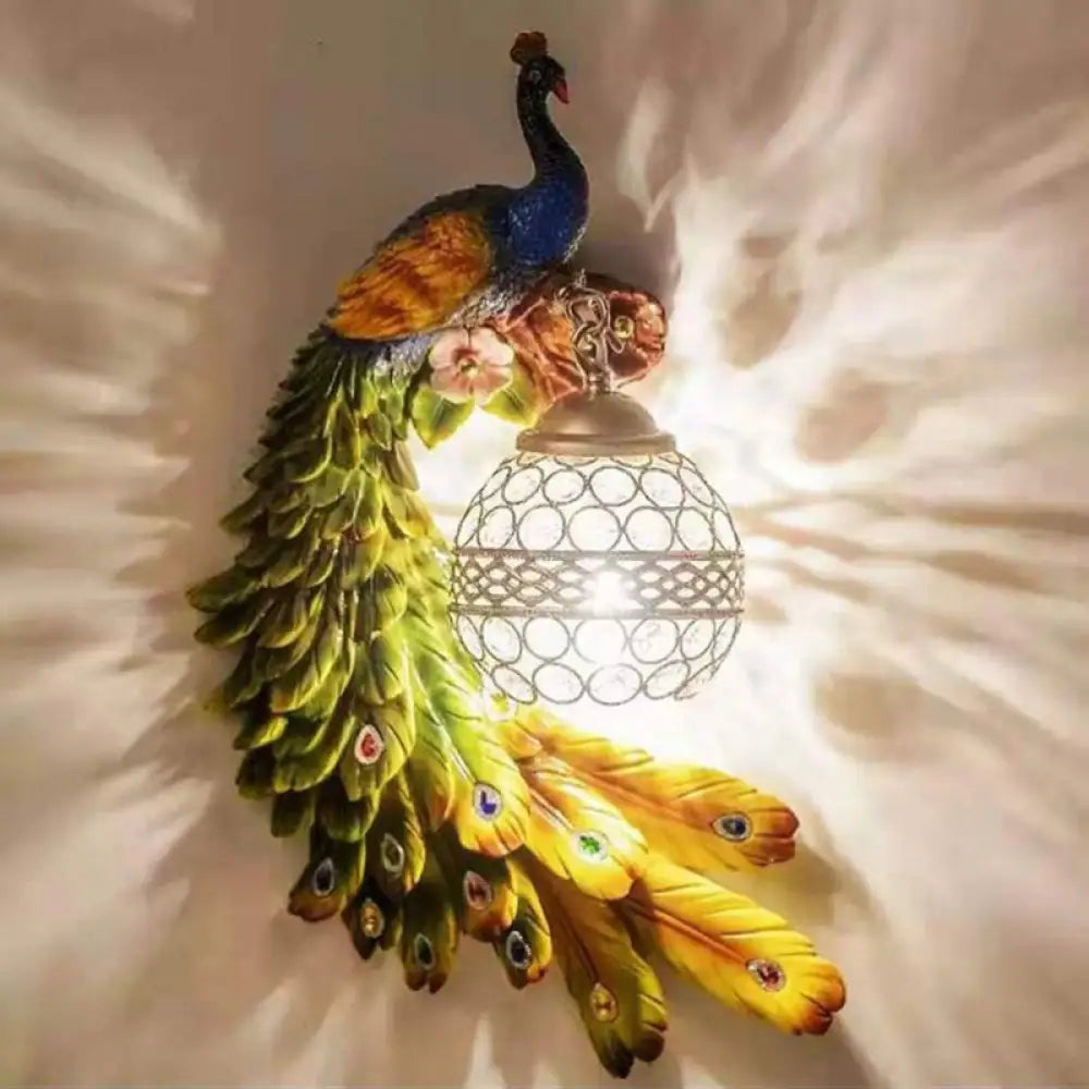 Applique murale paon avec boule en verre cristal, 46 cm, résine élégante, éclairage mural intérieur gauche ou droit, pour salon et chambre | Sansoti