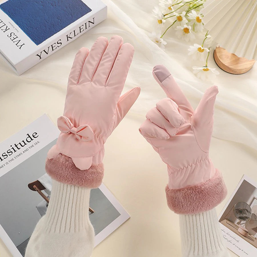 Touchscreen Winter Gloves for Women, Waterproof, Thermally Insulated, with Bow Decoration, One Size, Warm | Sansoti