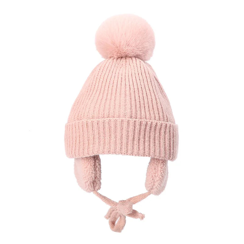 Bonnet tricoté pour enfants avec protège-oreilles et pompon, doublure douce en polaire, bonnet d'hiver chaud pour garçons et filles | Sansoti