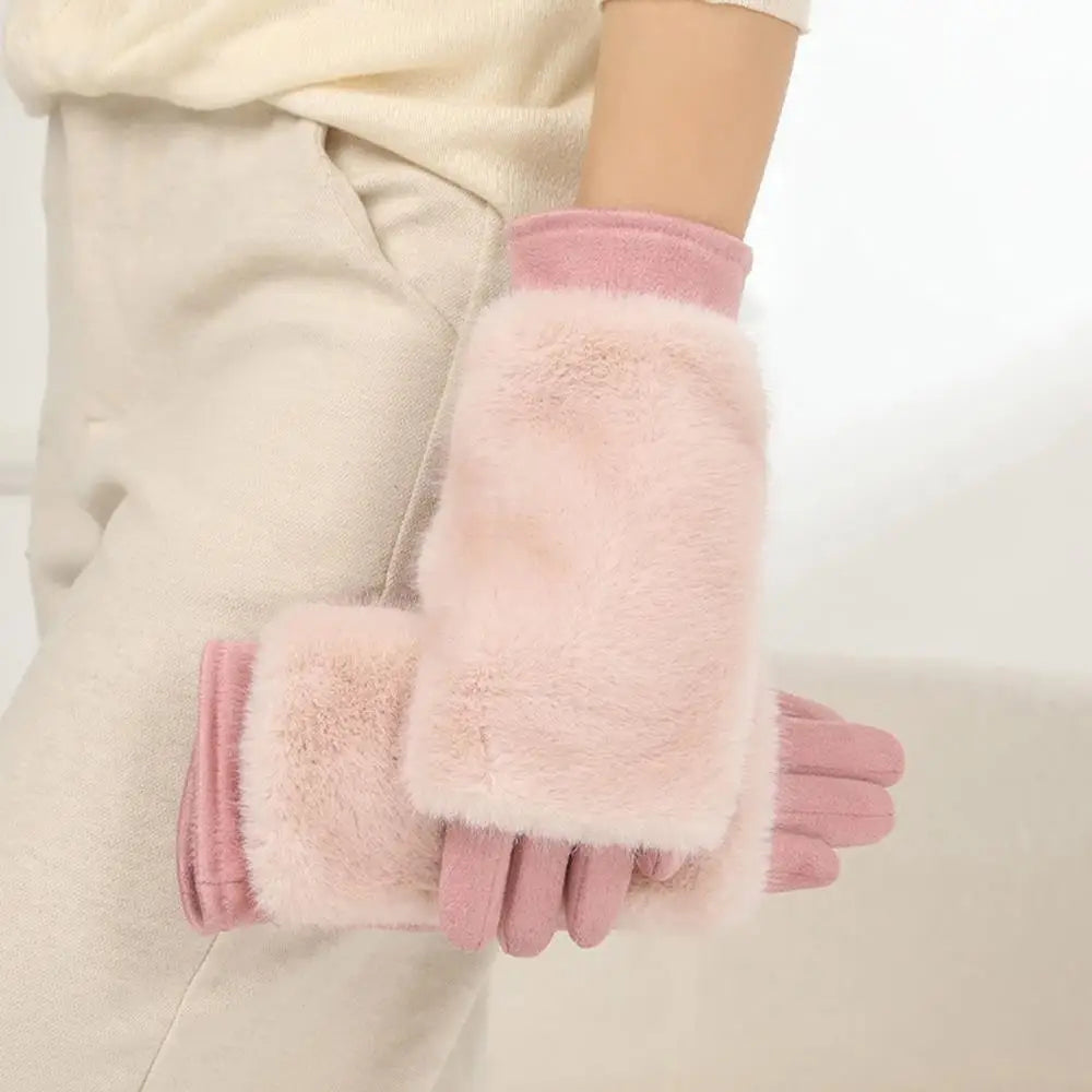 Suede Winter Gloves with Rabbit Fur Touchscreen Fingers Warm Unisex Elegant Gloves for Women and Men | Sansoti