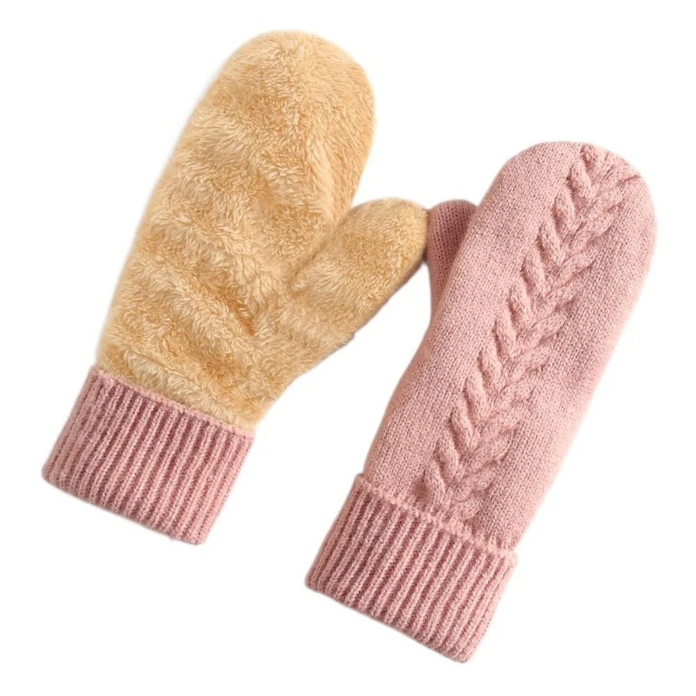 Double-Layer Mittens with Fleece Lining Winter Gloves for Women Warm Knitted Mittens Winter Sports | Sansoti