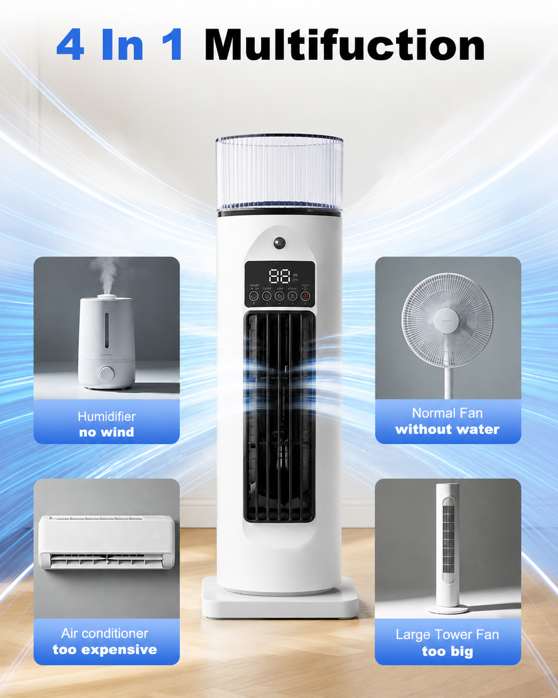 Mobiele 4-in-1 Kamerkoeler met Afstandsbediening Timer en Wielen voor Slaapkamer Kantoor Woonkamer Verkoeling | Sansoti