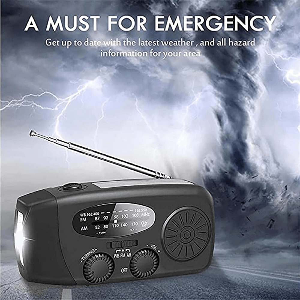 Noodradio met Handdynamo, Zaklamp & Powerbank | AM/FM Radio op Zonne-energie