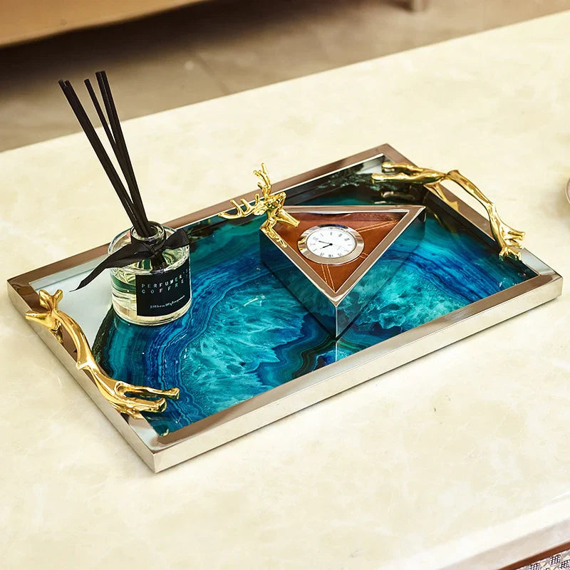 Decoratief Dienblad met Blauwe Agaatpatroon – Elegant Serveerblad met Glazen Inleg en Edelstalen Rand – Uniek Natuursteen Design voor Tafel en Interieur | Sansoti