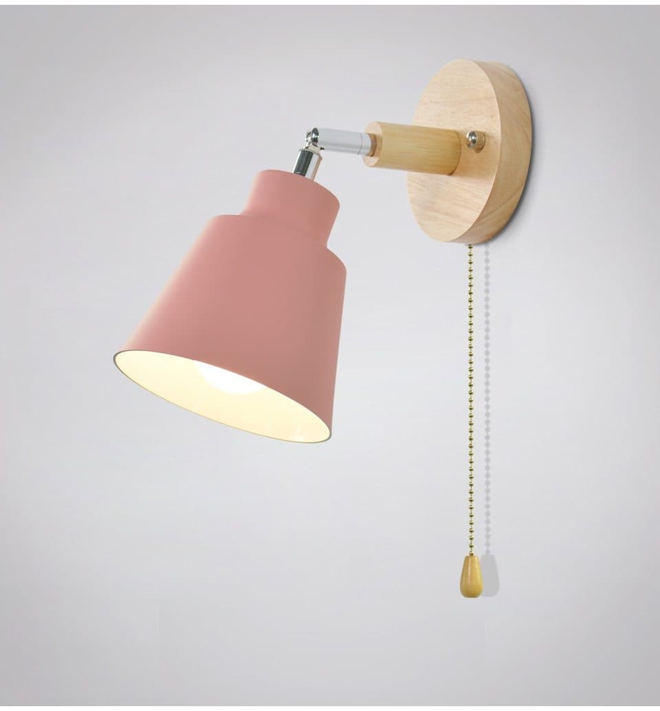Applique murale réglable avec interrupteur à tirette Base en bois Lampe de lecture Chambre Table de chevet Orientable à 180° | Sansoti